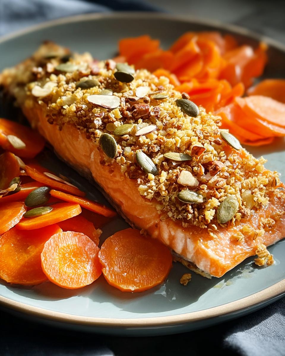 Close-up of a baked salmon fillet topped with a crunchy seed and nut crust, served alongside bright orange sliced carrots in a Salmon & Pumpkin Feast.