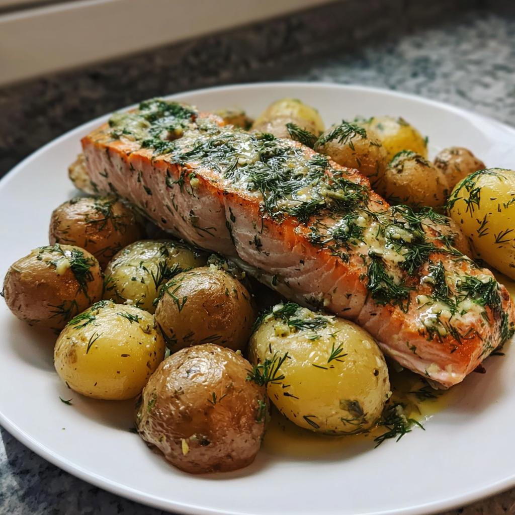 A cooked fillet of salmon topped with dill and garlic served with small roasted potatoes, representing the Salmon & Sweet Potato Slow Cooker recipe.