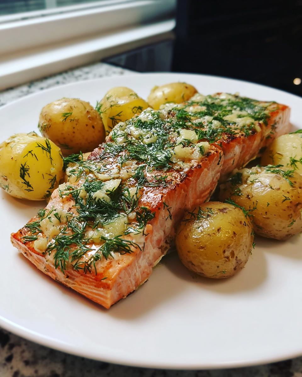 Two cooked salmon fillets topped with garlic and dill, served with small roasted potatoes, a perfect Salmon & Sweet Potato Slow Cooker dish.