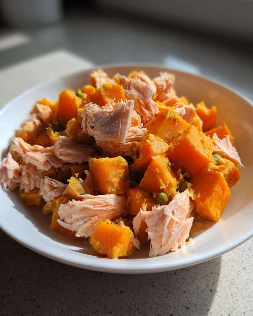 A white bowl filled with chunks of bright orange sweet potato mixed with flaky cooked salmon, featuring the Salmon & Sweet Potato Stars recipe.