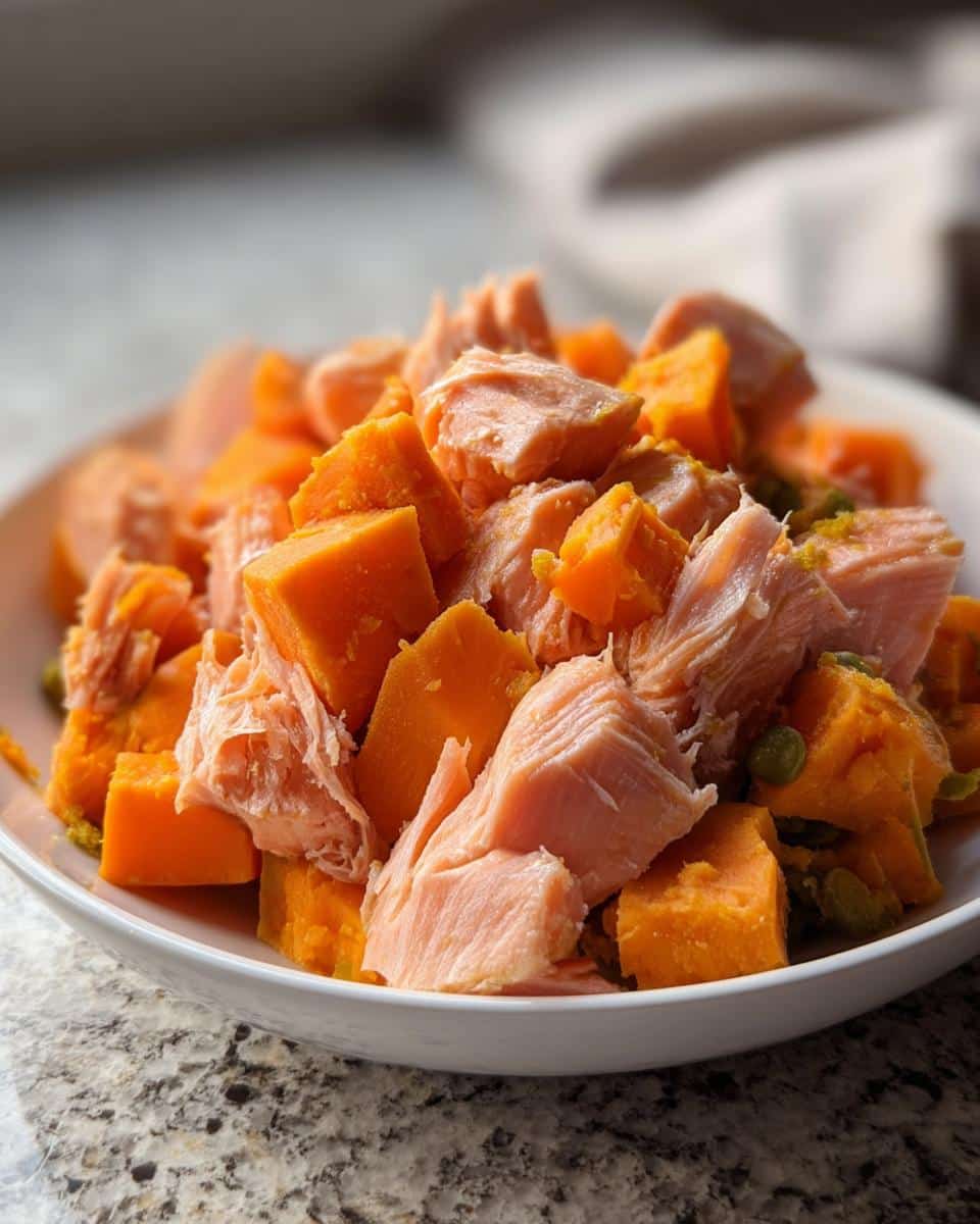 Close-up of cubed cooked salmon mixed with bright orange chunks of sweet potato, part of the Salmon & Sweet Potato Stars recipe.