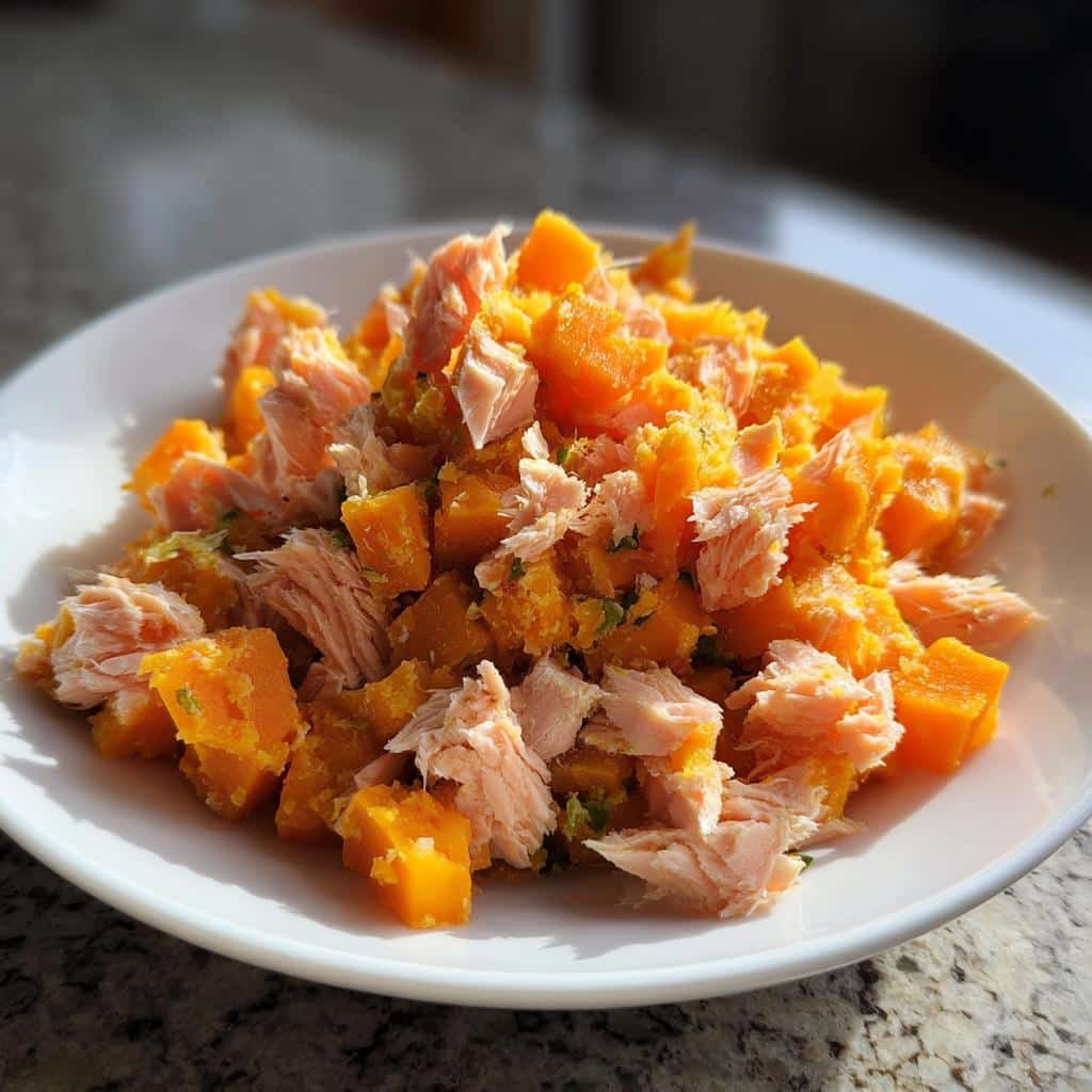 A close-up of flaked salmon mixed with bright orange, cubed sweet potato, ready to be shaped into Salmon & Sweet Potato Stars.