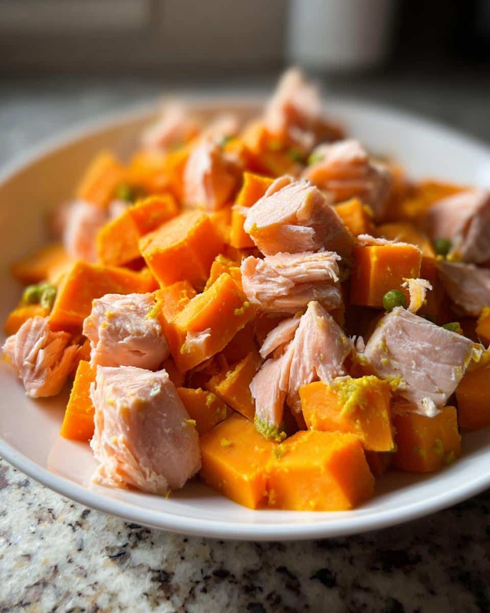 Close-up of cooked salmon chunks mixed with bright orange cubes of sweet potato.