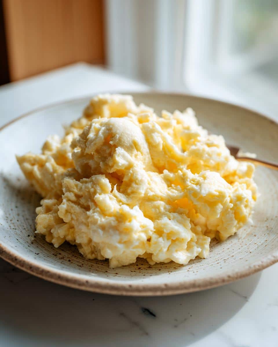 Close-up of soft, fluffy scrambled eggs served on a speckled ceramic plate, an ingredient for Chicken and Cauliflower for dogs.