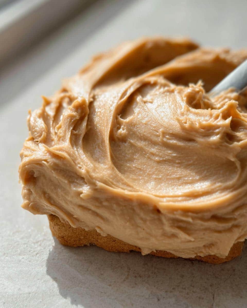 A close-up, textured swirl of Silky Peanut Butter Icing spread thickly over a cookie or cake base.