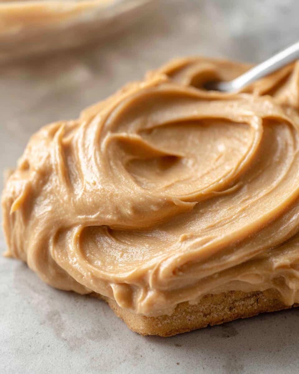 A close-up of thick, creamy Silky Peanut Butter Icing being swirled on top of a cookie or cake layer with a small spoon.