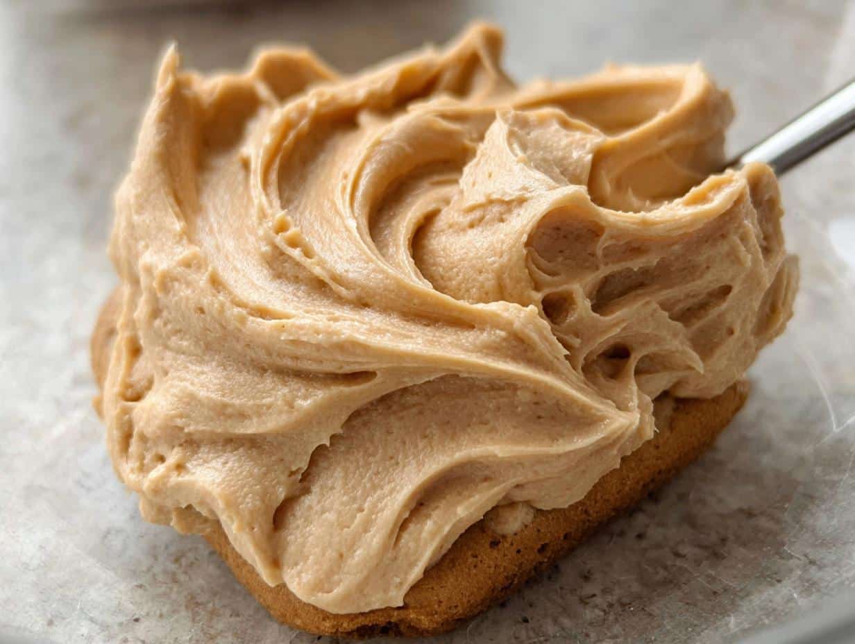 Close-up of thick, creamy Silky Peanut Butter Icing being swirled onto a cookie base with a utensil.