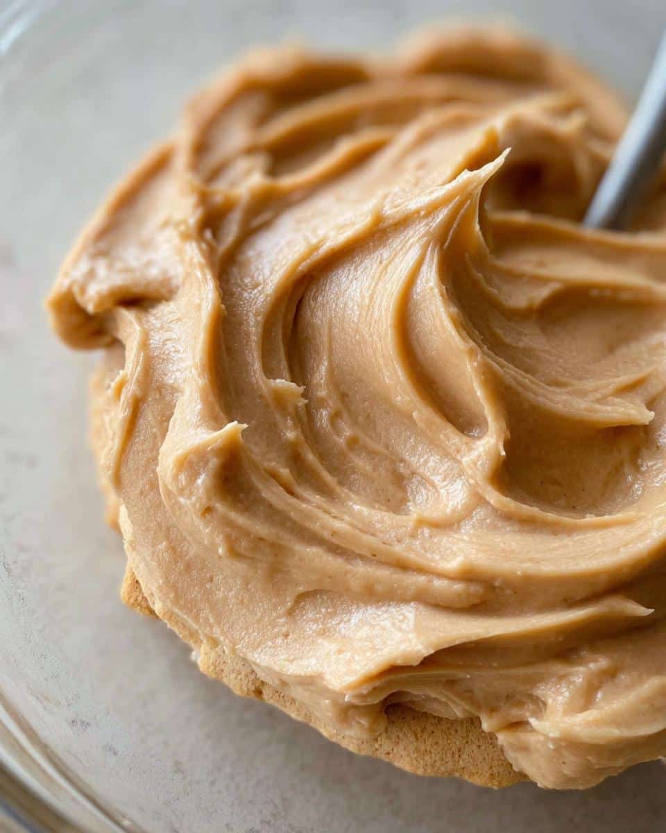 Close-up of perfectly smooth, light brown Silky Peanut Butter Icing swirled in a bowl with a utensil visible.