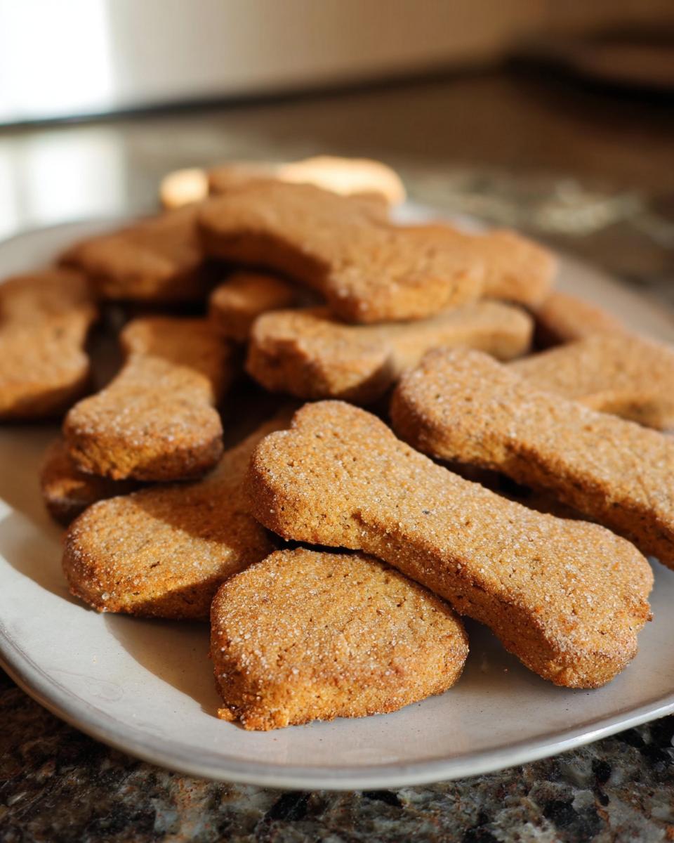 A close-up of several freshly baked, bone-shaped Simple Dog Biscuits piled on a light-colored plate.