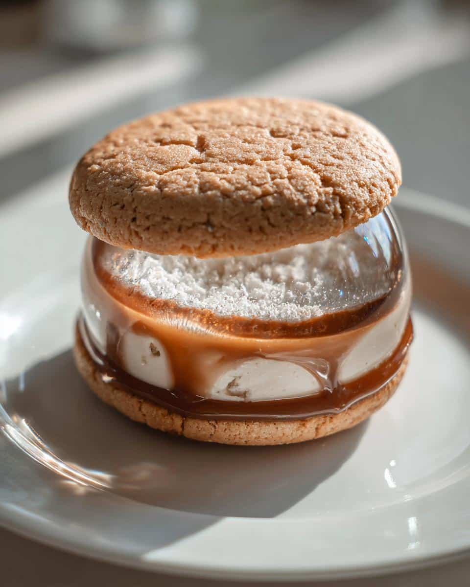 A close-up of a Snow Globe Cookies Dog dessert featuring caramel dripping over a white filling between two cookies.
