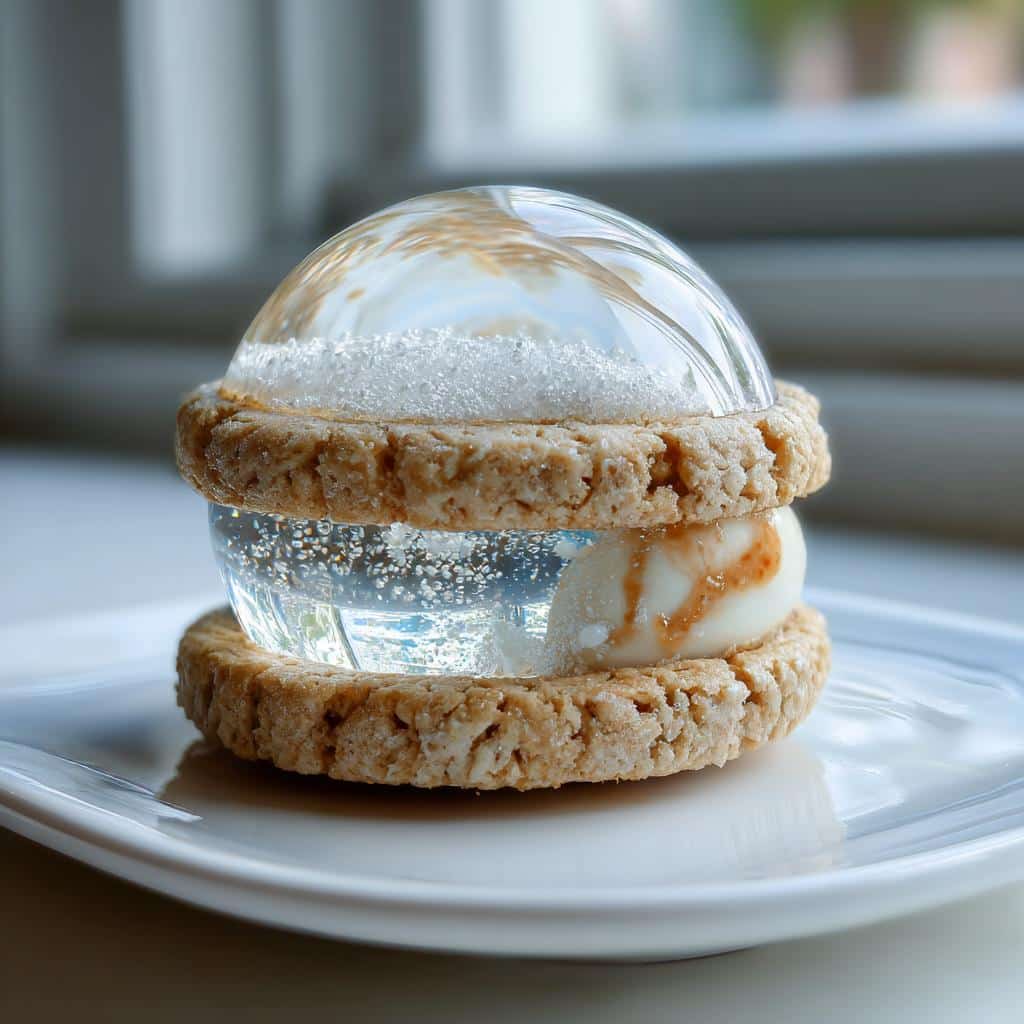 A close-up of a creative dessert resembling a snow globe, featuring two oat-like cookies sandwiching a clear dome filled with liquid and a scoop of ice cream, inspired by Snow Globe Cookies Dog.