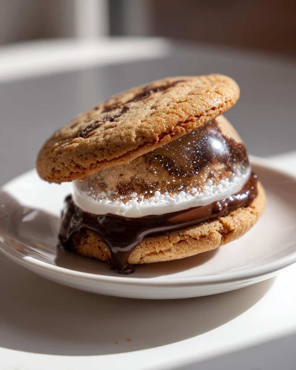 A chocolate chip cookie sandwich filled with melted chocolate and a marshmallow dome resembling a Snow Globe Cookies Dog treat.