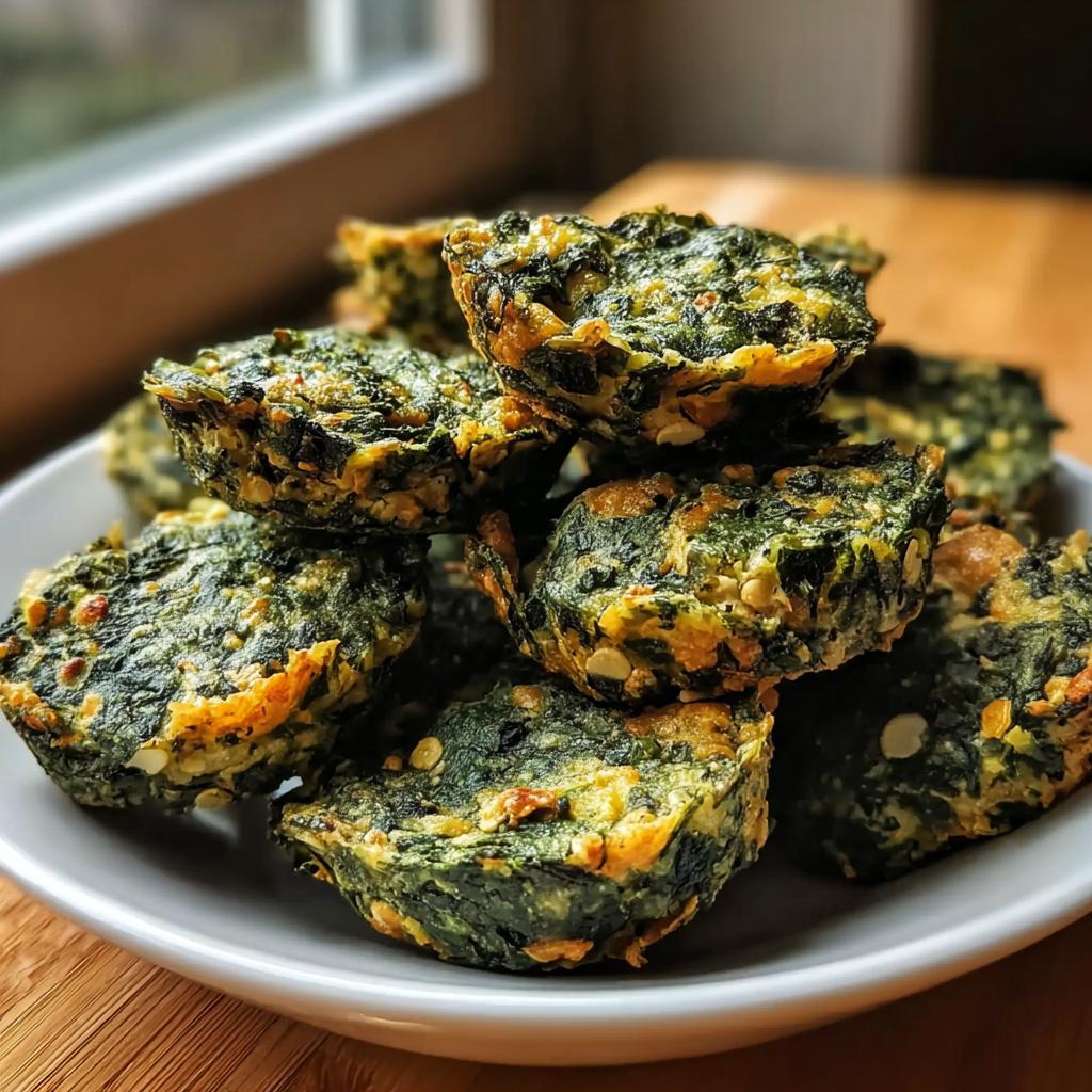 A close-up stack of baked Spinach & Parsley Chews on a white plate, showing their dense, green texture.