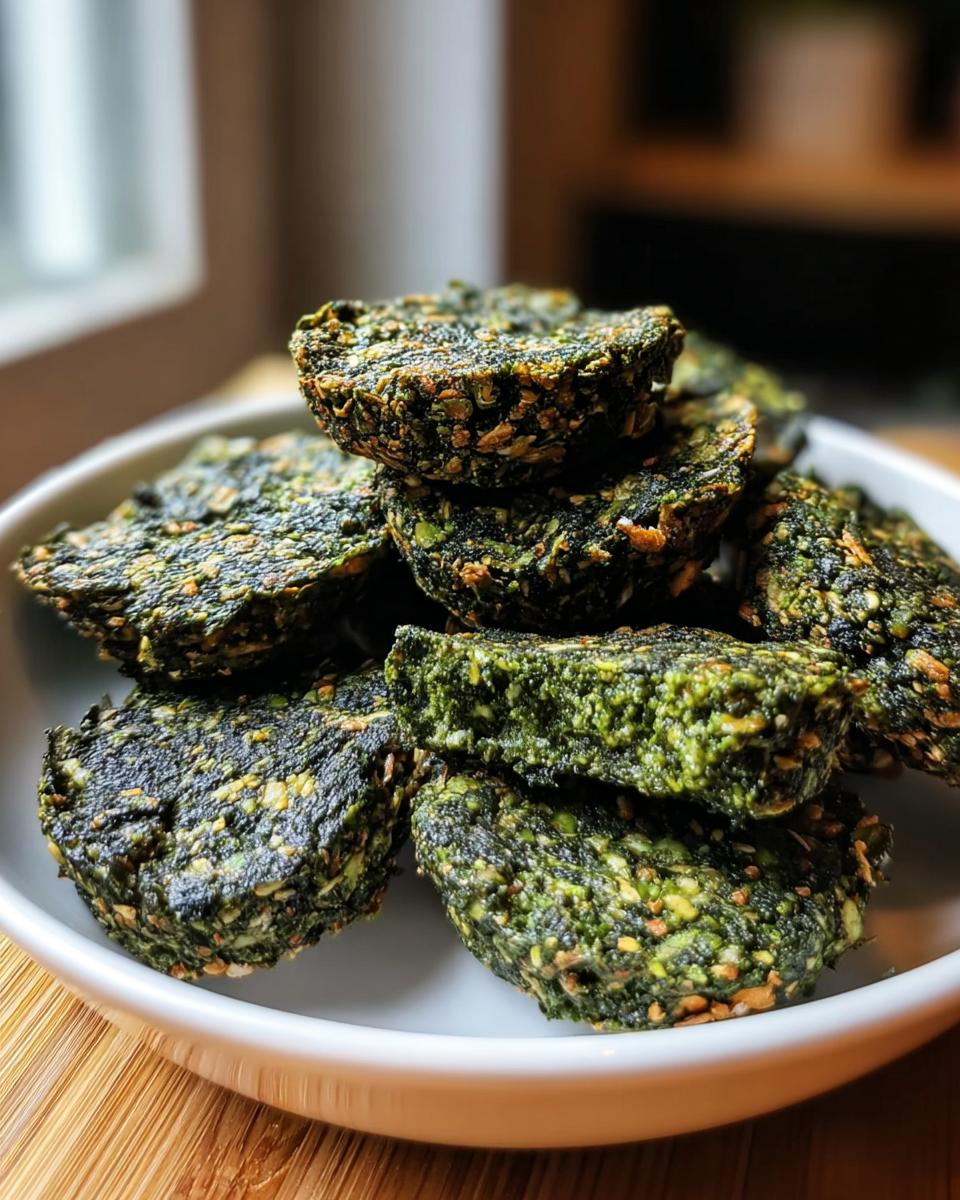 A close-up photo of several dark green, textured Spinach & Parsley Chews stacked in a white bowl.