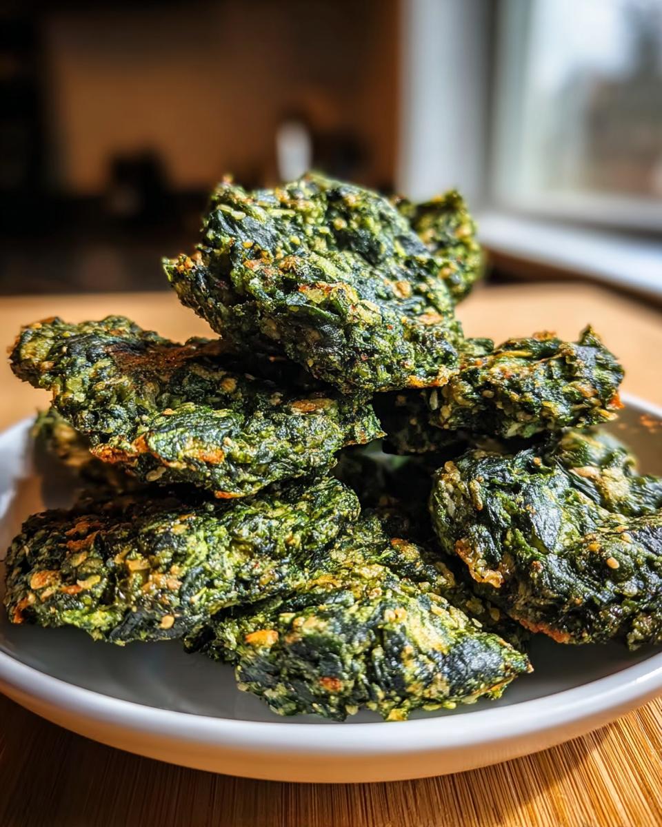 A close-up stack of dark green, baked Spinach & Parsley Chews served on a white dish.