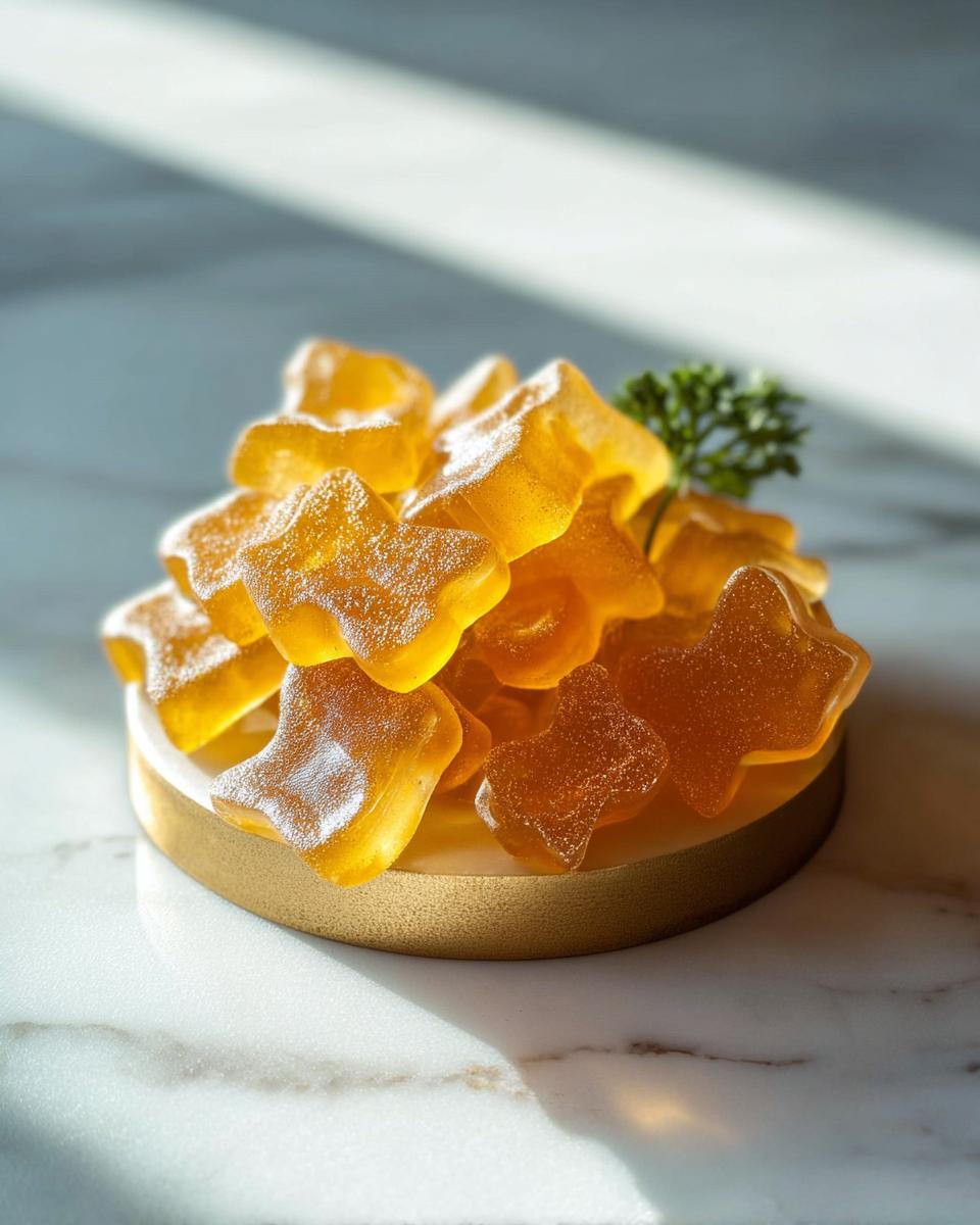 A pile of translucent, amber-colored, star-shaped Bone Broth Gummy treats dusted with powder.