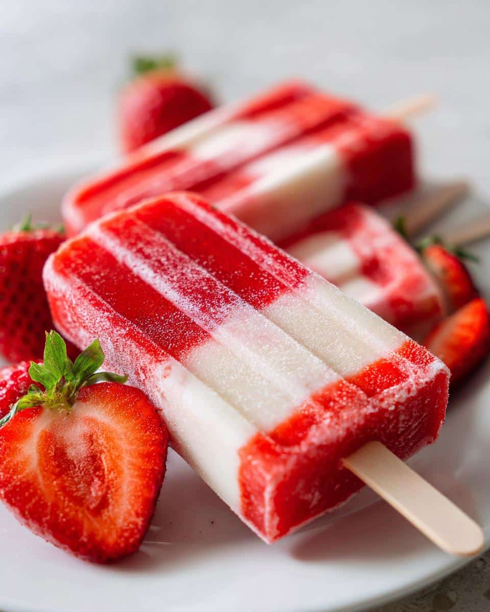 A frosty, layered red and white Strawberry Pupsicle for Dogs resting on a white plate next to fresh, halved strawberries.