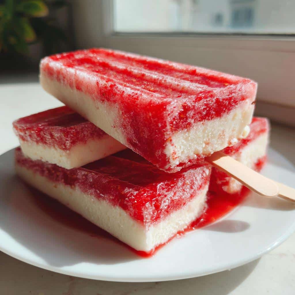 Three layered Strawberry Pupsicle for Dogs treats stacked on a white plate, showing red strawberry and white yogurt layers.