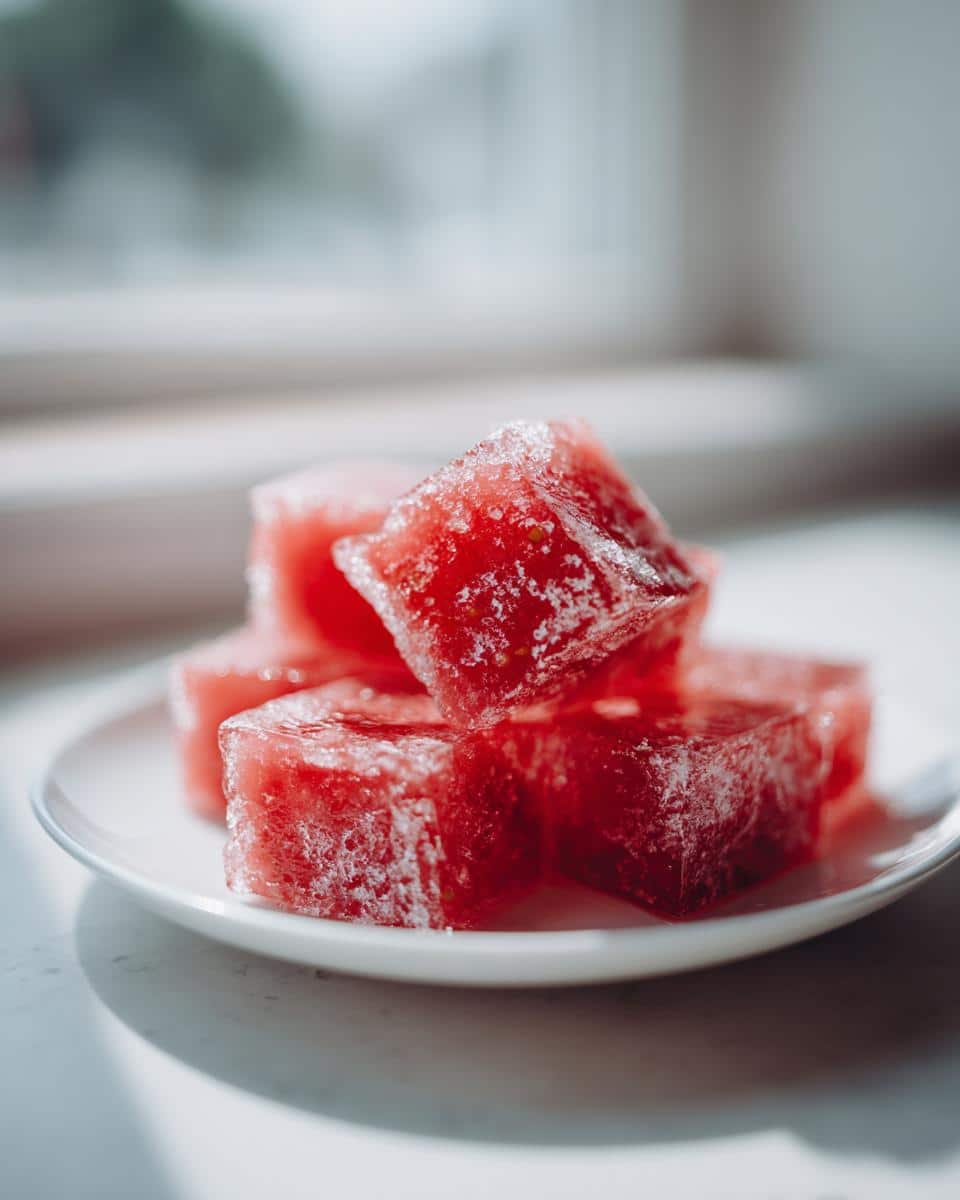 Close-up of frozen, frosty watermelon cubes stacked on a small white plate, perfect for a Strawberry & Watermelon Frozen Dog treat.