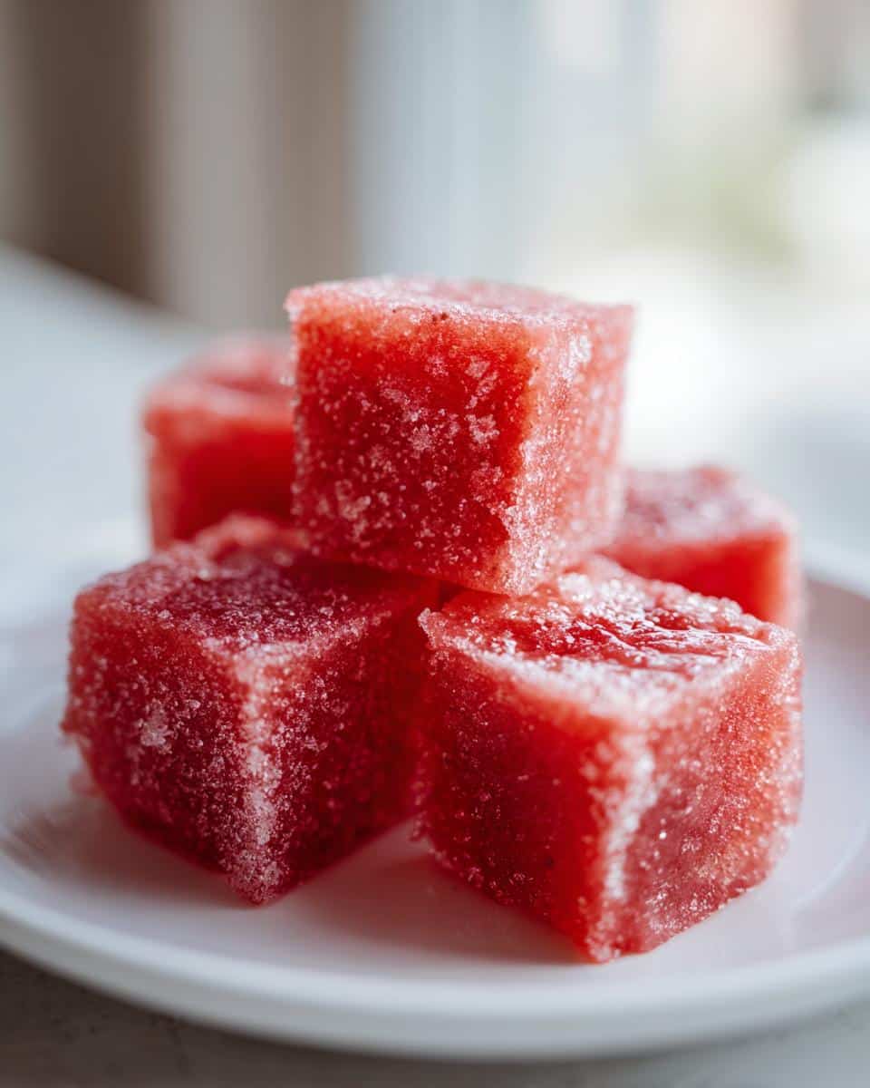 Close-up of bright red, frosty cubes of Strawberry & Watermelon Frozen Dog treat stacked on a white plate.