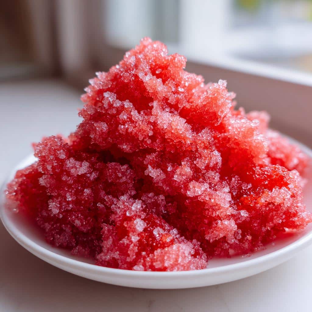 Close-up of a mound of bright red, icy Strawberry & Watermelon Frozen Dog treat served on a small white plate.