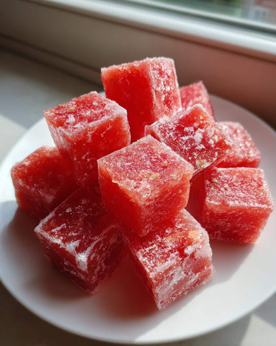 Close-up of bright red, frosty cubes of Strawberry & Watermelon Frozen Dog treats piled on a white plate.