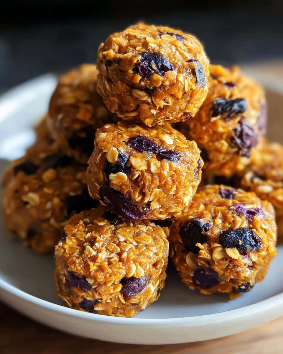Close-up stack of Sweet Potato & Blueberry Bliss Bites for Dogs made with oats and dried blueberries.