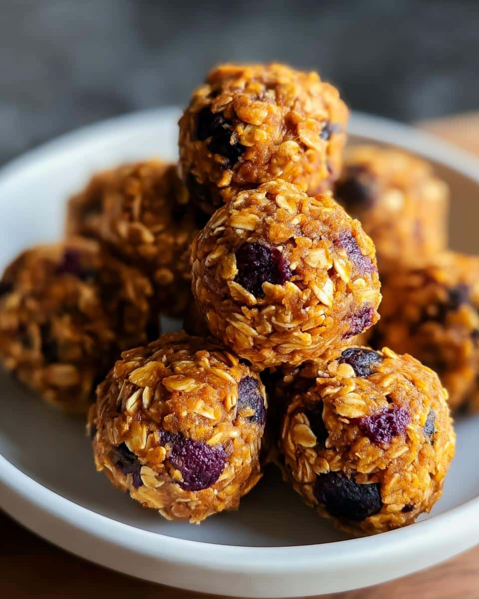 Close-up of a stack of Sweet Potato & Blueberry Bliss Bites made with oats and dried blueberries.
