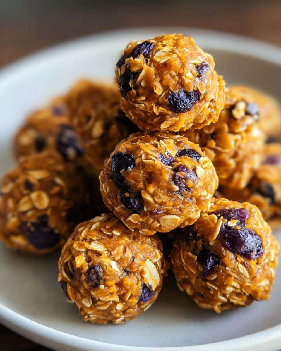 A close-up stack of homemade Sweet Potato & Blueberry Bliss Bites for Dogs, featuring oats and dark blueberries.