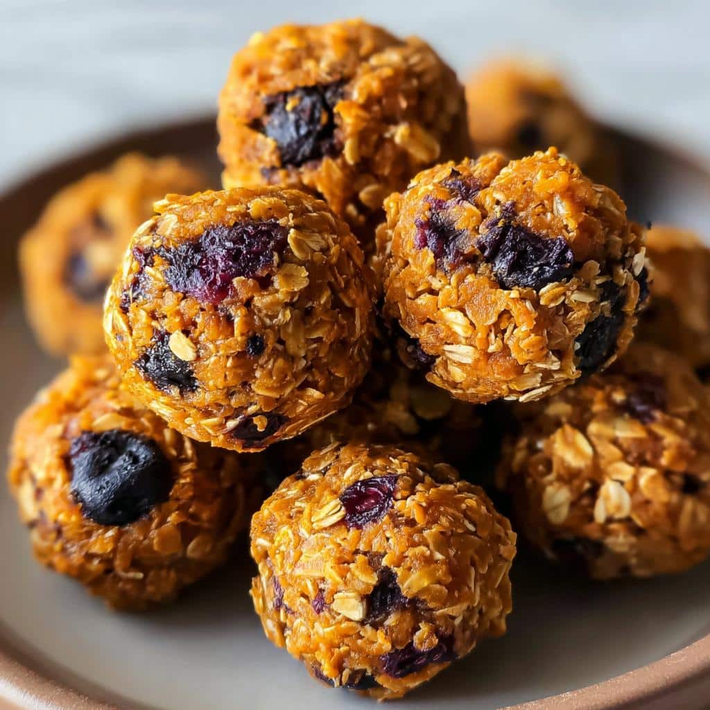 A close-up stack of homemade Sweet Potato & Blueberry Bliss Bites for dogs, made with oats and visible blueberries.