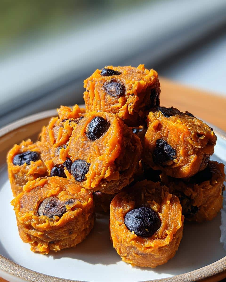 A stack of vibrant orange Sweet Potato & Blueberry Dog Chews featuring whole blueberries embedded in the mixture.