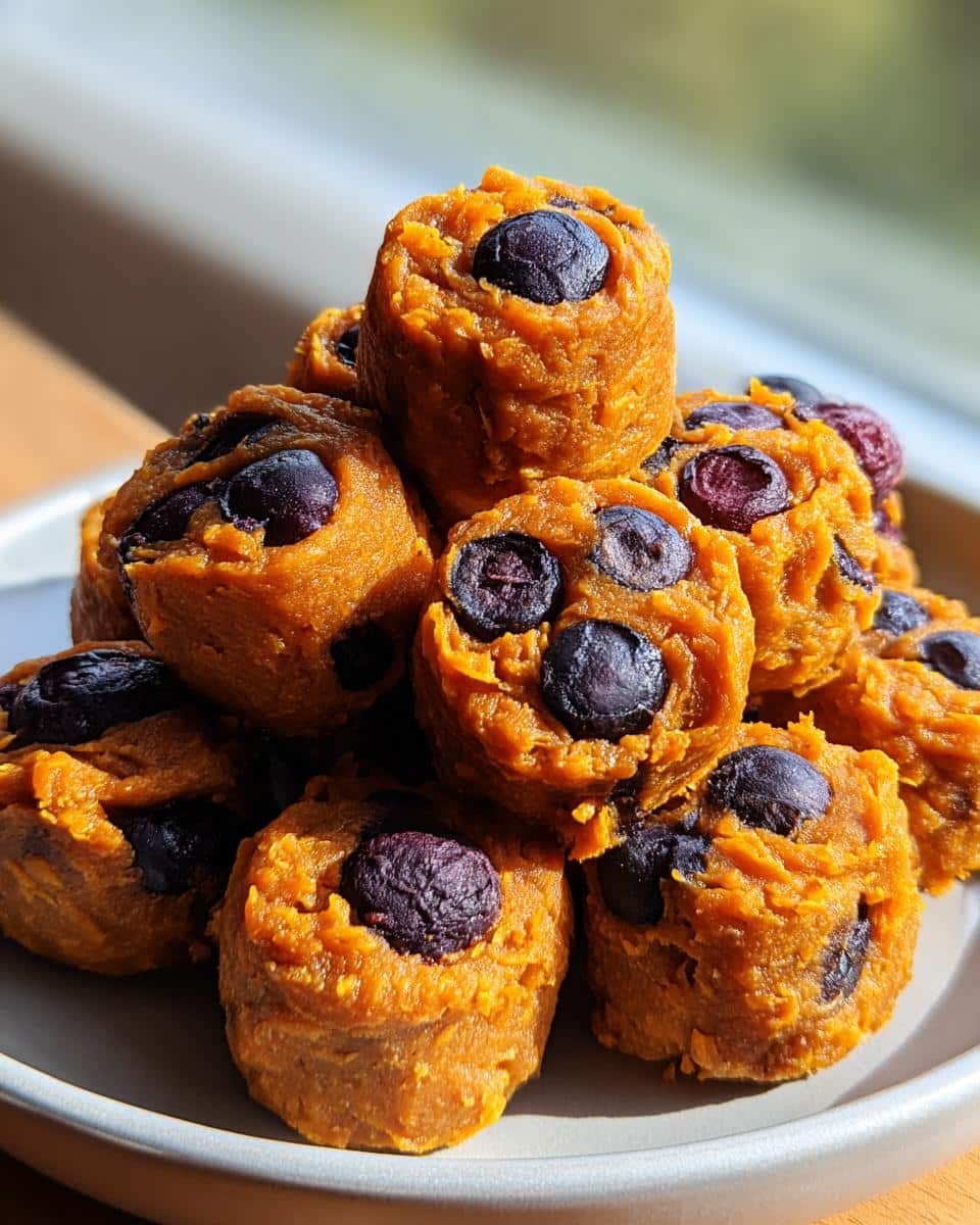 A close-up stack of homemade Sweet Potato & Blueberry Dog Chews on a light gray plate.
