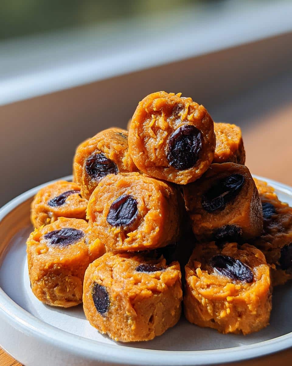 A close-up stack of homemade Sweet Potato & Blueberry Dog Chews, showing the orange sweet potato base with dark blueberry pieces embedded.