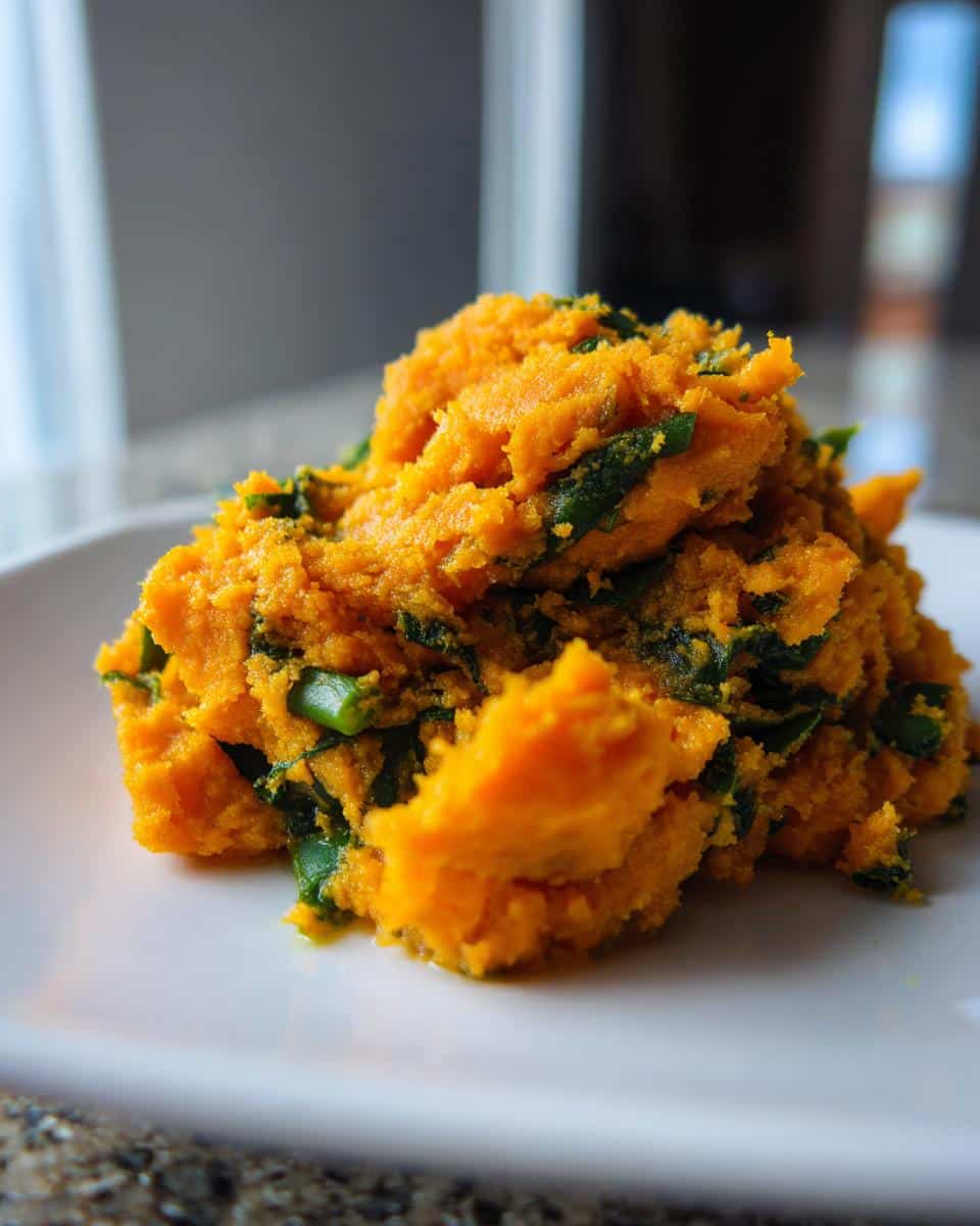 A mound of vibrant orange Sweet Potato & Green Bean Mash for Dogs served on a white plate.