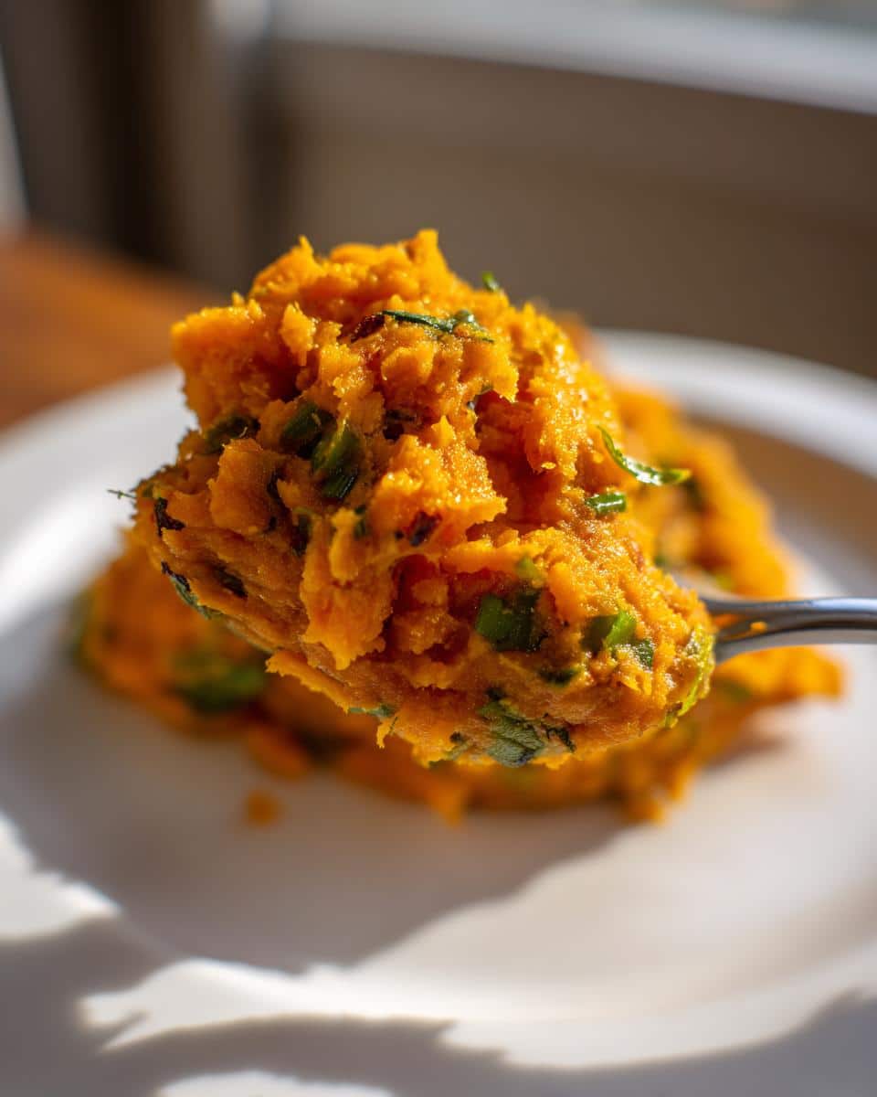 Close-up of a spoonful of bright orange Sweet Potato & Green Bean Mash for Dogs, mixed with visible green herbs.