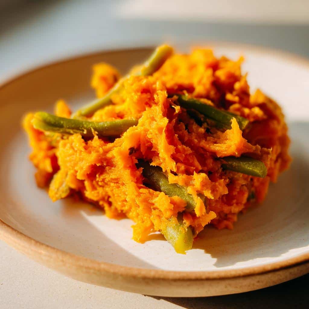 A close-up of Sweet Potato & Green Bean Mash for Dogs served on a light-colored plate.