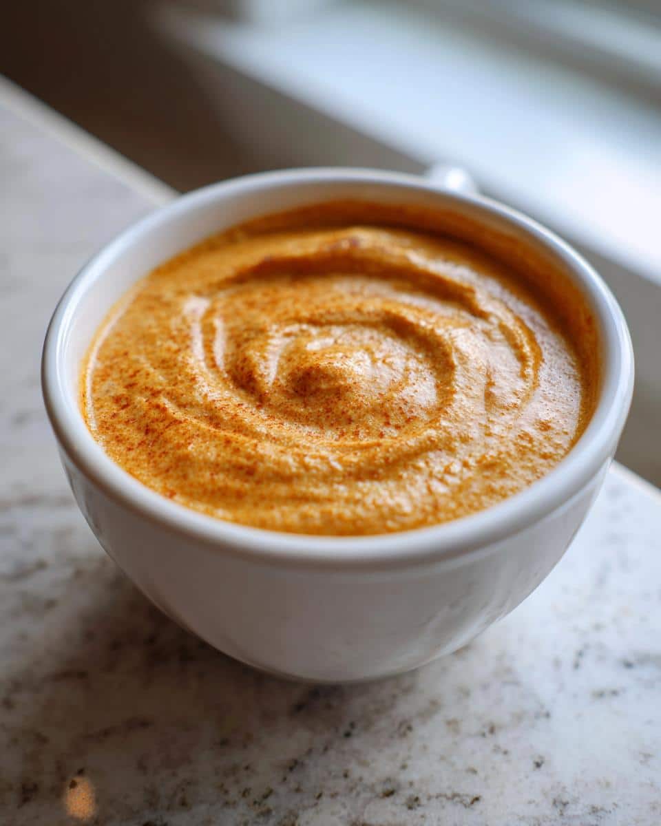 Close-up of a thick, orange Sweet Potato & Peanut Butter Dog Smoothie swirled in a white bowl.