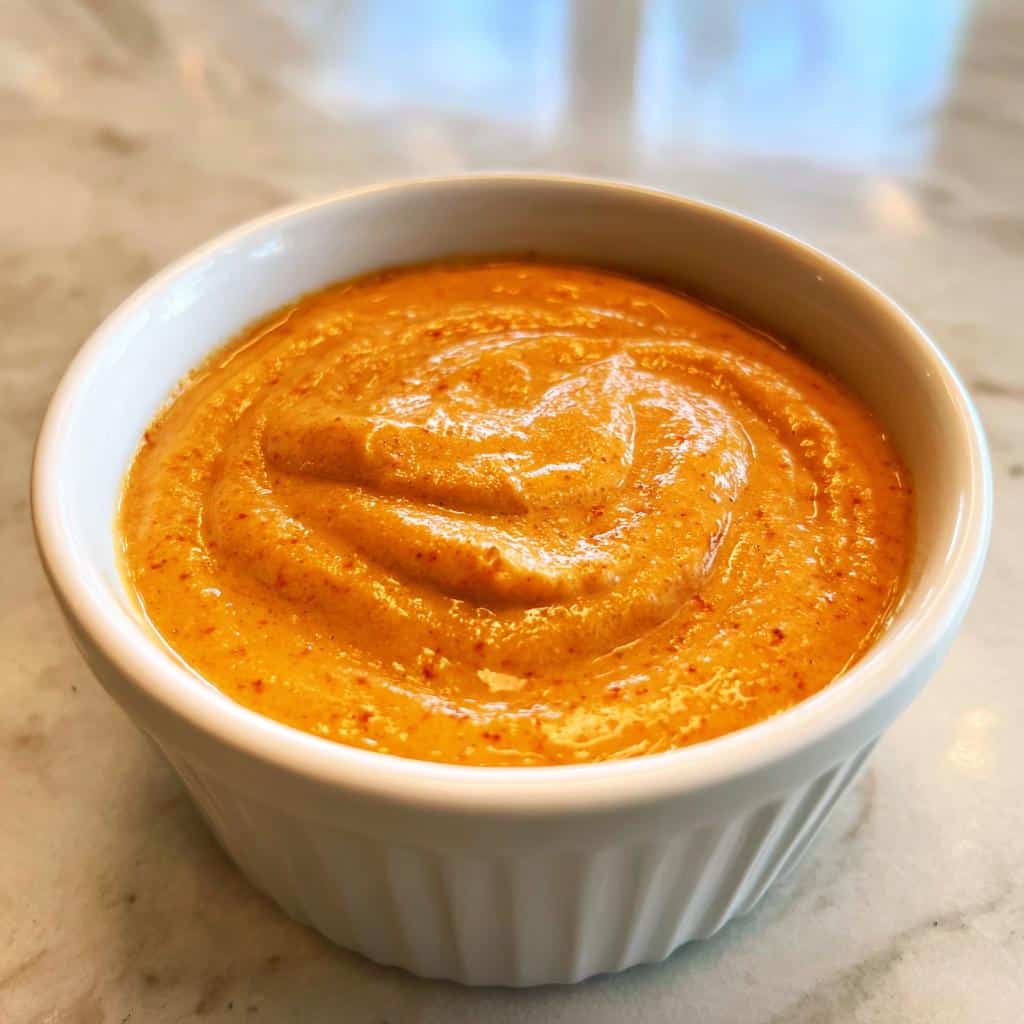 Close-up of a thick, orange Sweet Potato & Peanut Butter Dog Smoothie mixture in a white ramekin.