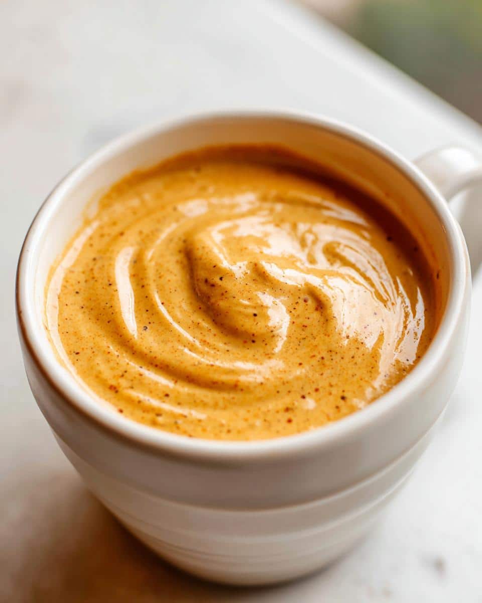 Close-up of a thick, creamy Sweet Potato & Peanut Butter Dog Smoothie swirled in a white mug.