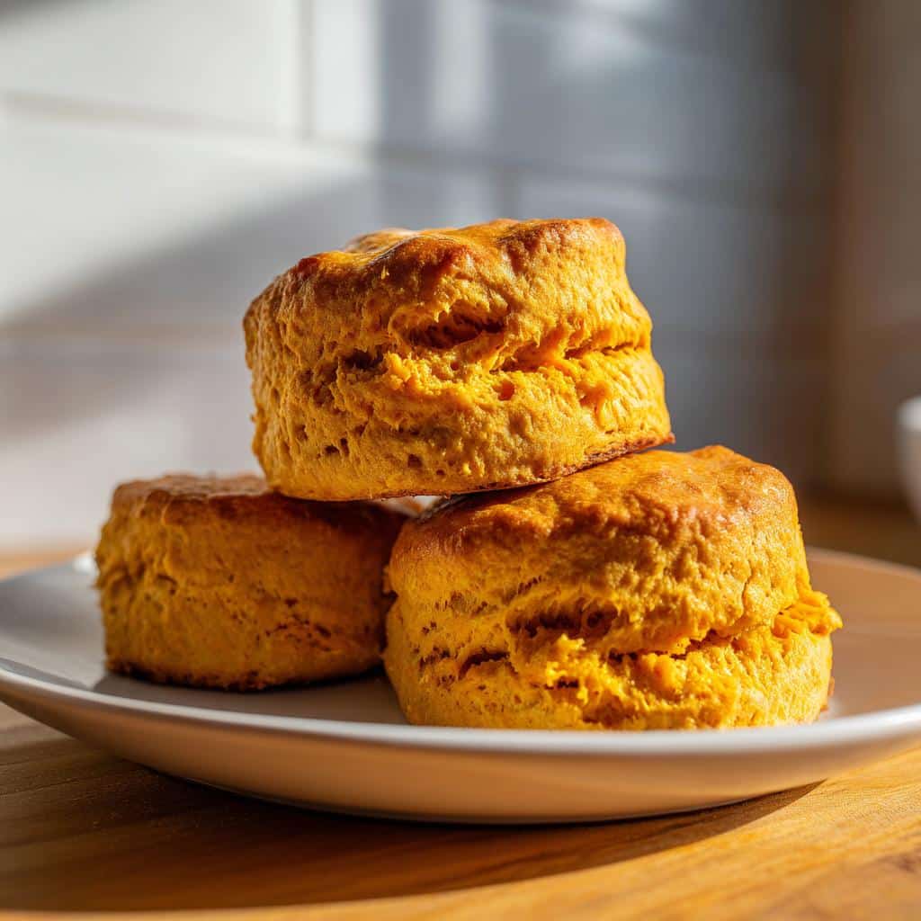Three golden-brown Sweet Potato Pumpkin Patch Biscuits stacked on a white plate in bright sunlight.