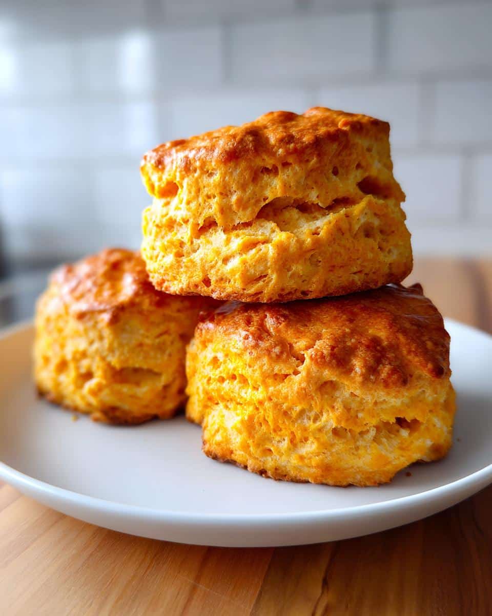 Three golden-brown Sweet Potato Pumpkin Patch Biscuits stacked on a white plate.