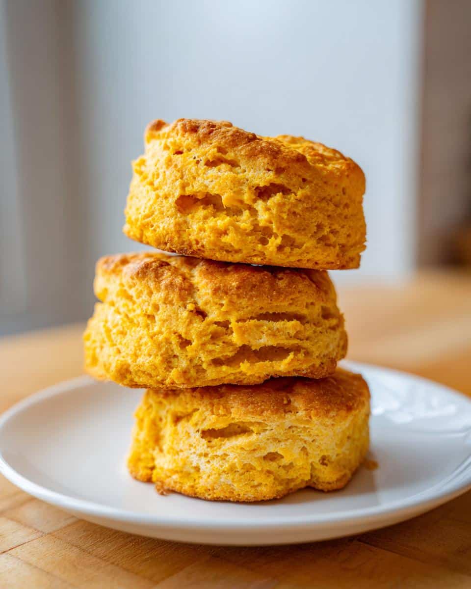 Three golden, fluffy Sweet Potato Pumpkin Patch Biscuits stacked on a white plate.