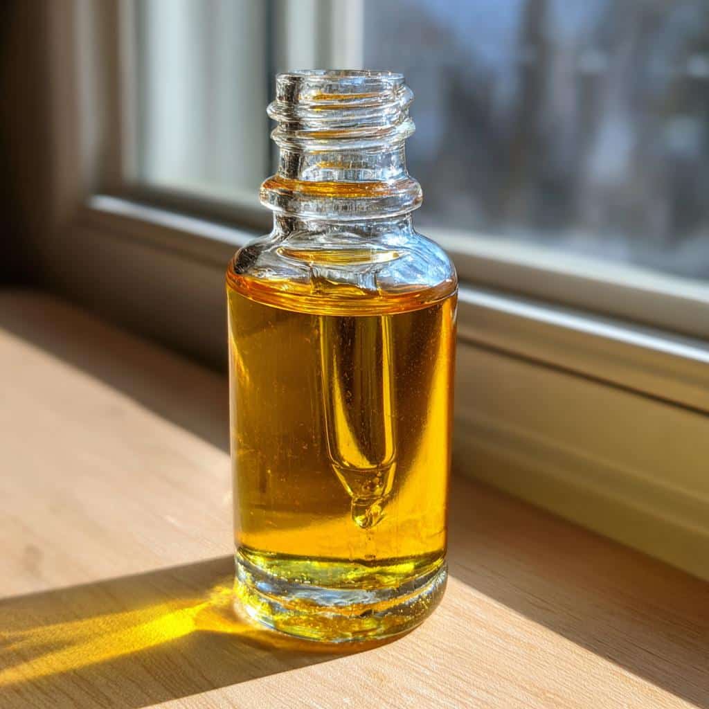 A clear glass dropper bottle filled with golden yellow Tumeric Honey Immunity dog drops, sitting on a wooden surface near a window.
