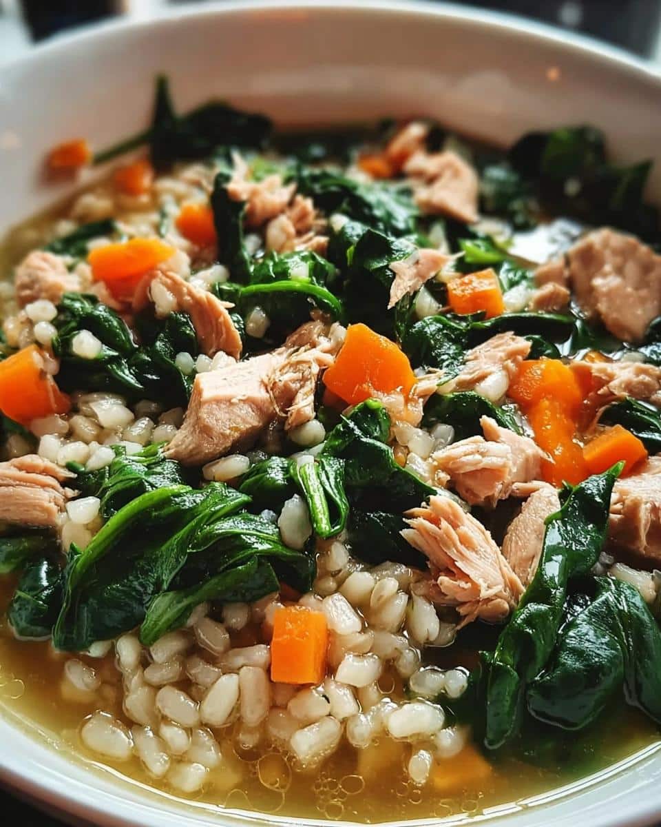 Close-up of a bowl of Tuna & Spinach Stew featuring flaked tuna, wilted spinach, carrots, and barley in broth.