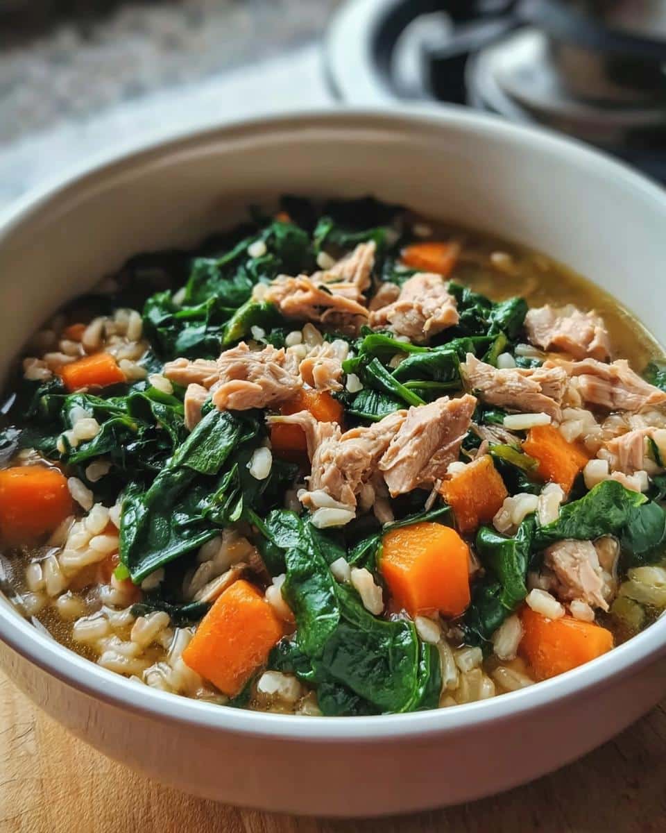 Close-up of a bowl of Tuna & Spinach Stew featuring flaked tuna, dark green spinach, orange carrots, and brown rice in broth.