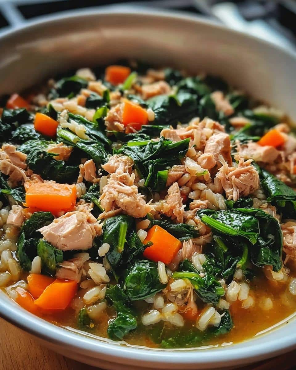 Close-up of a bowl of Tuna & Spinach Stew featuring flaked tuna, wilted spinach, rice, and diced carrots in broth.