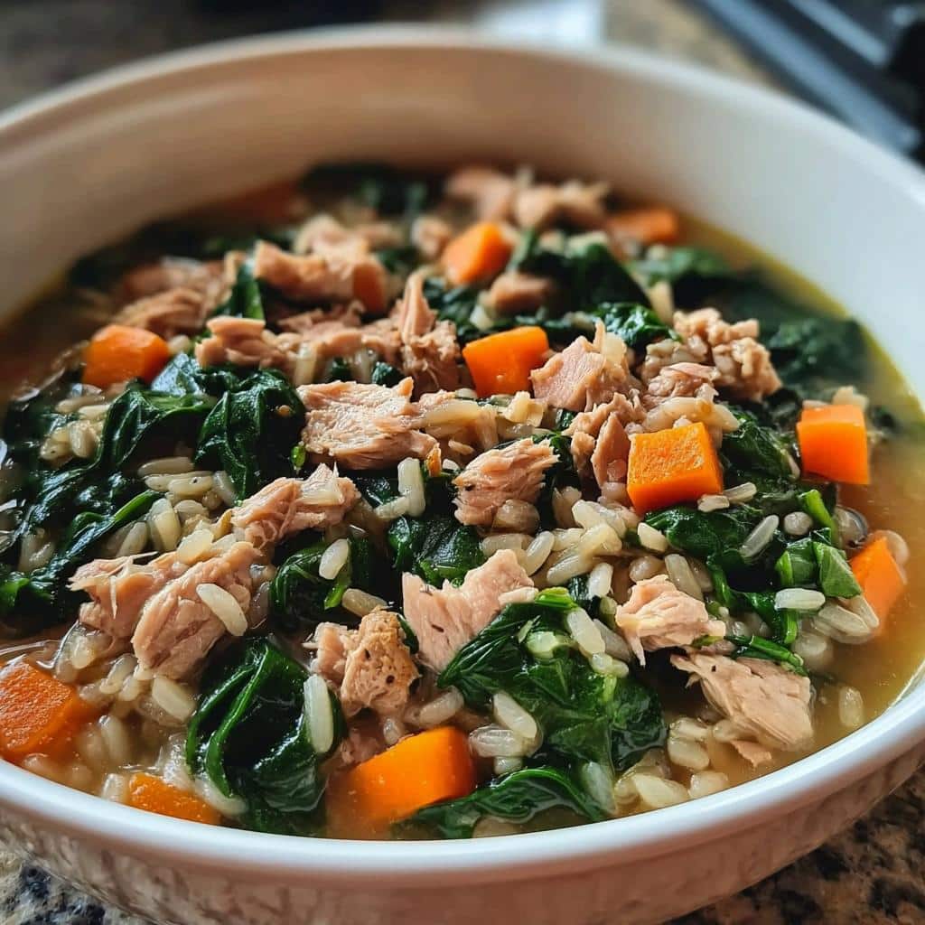 Close-up of a bowl of Tuna & Spinach Stew featuring flaked tuna, wilted spinach, brown rice, and diced carrots.