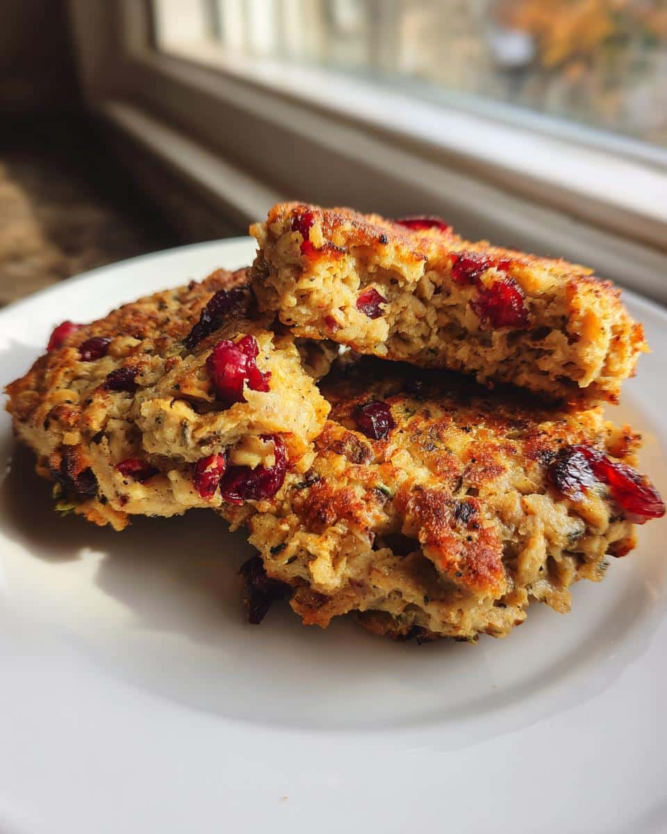 Close-up of two homemade Turkey & Cranberry Burgers for Dogs, one broken open showing texture and dried cranberries.