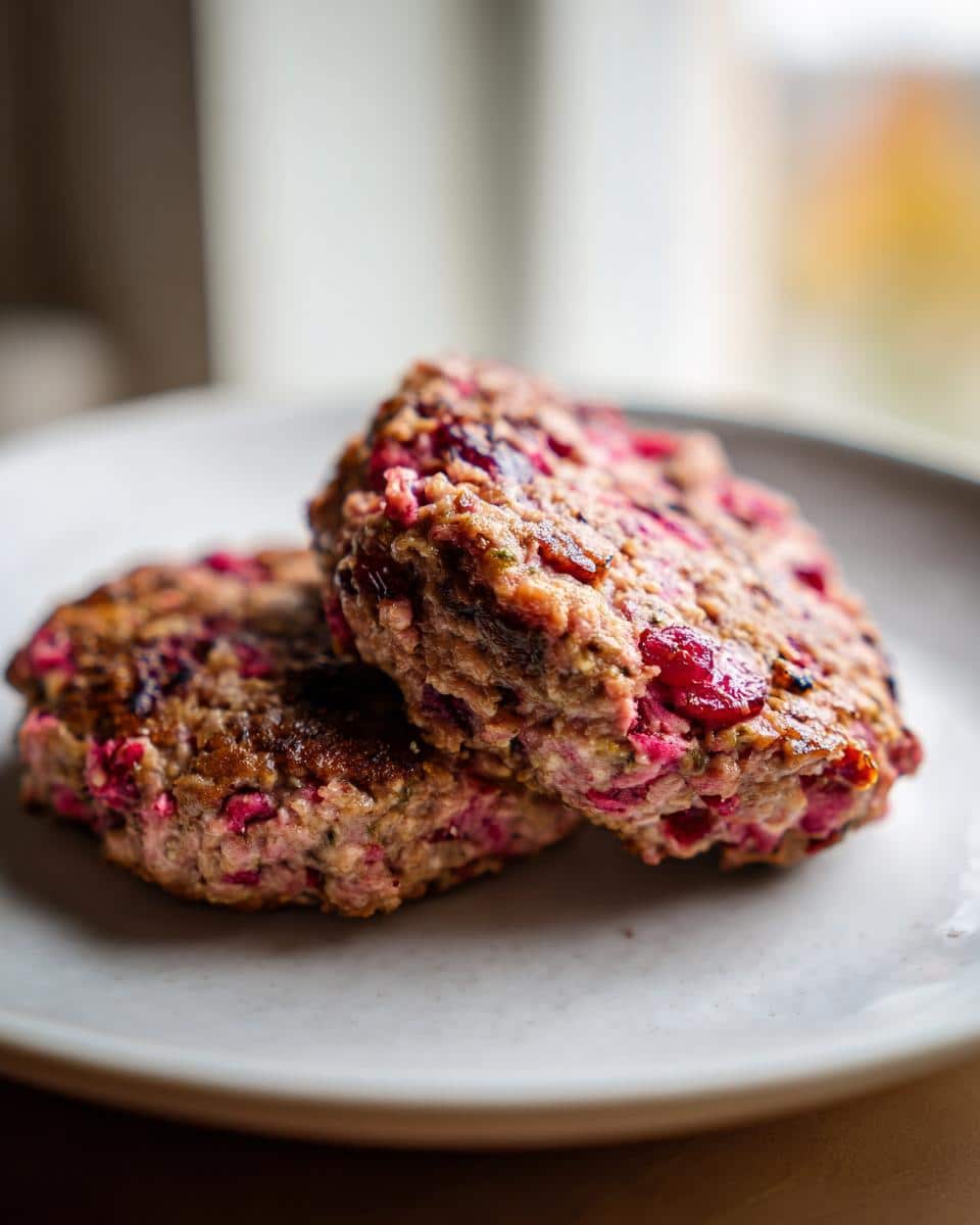 Close-up of two cooked Turkey & Cranberry Burgers for Dogs stacked slightly on a light gray plate.