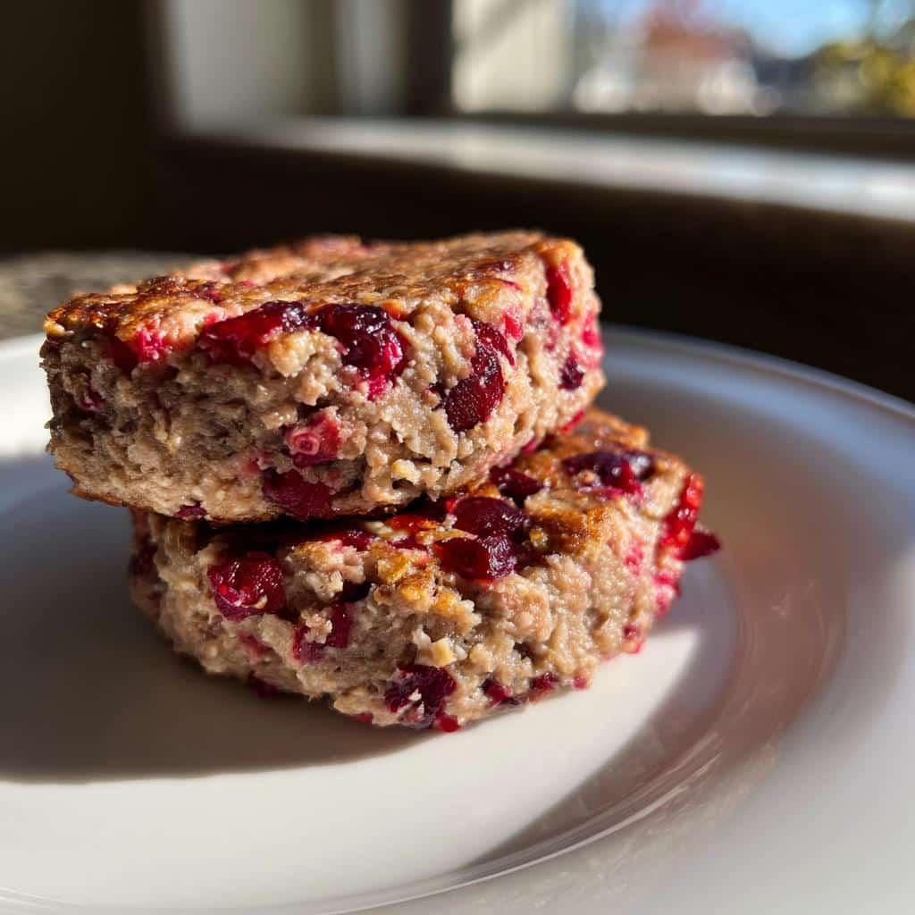Two homemade Turkey & Cranberry Burgers for Dogs stacked on a white plate, showing visible pieces of cranberry.